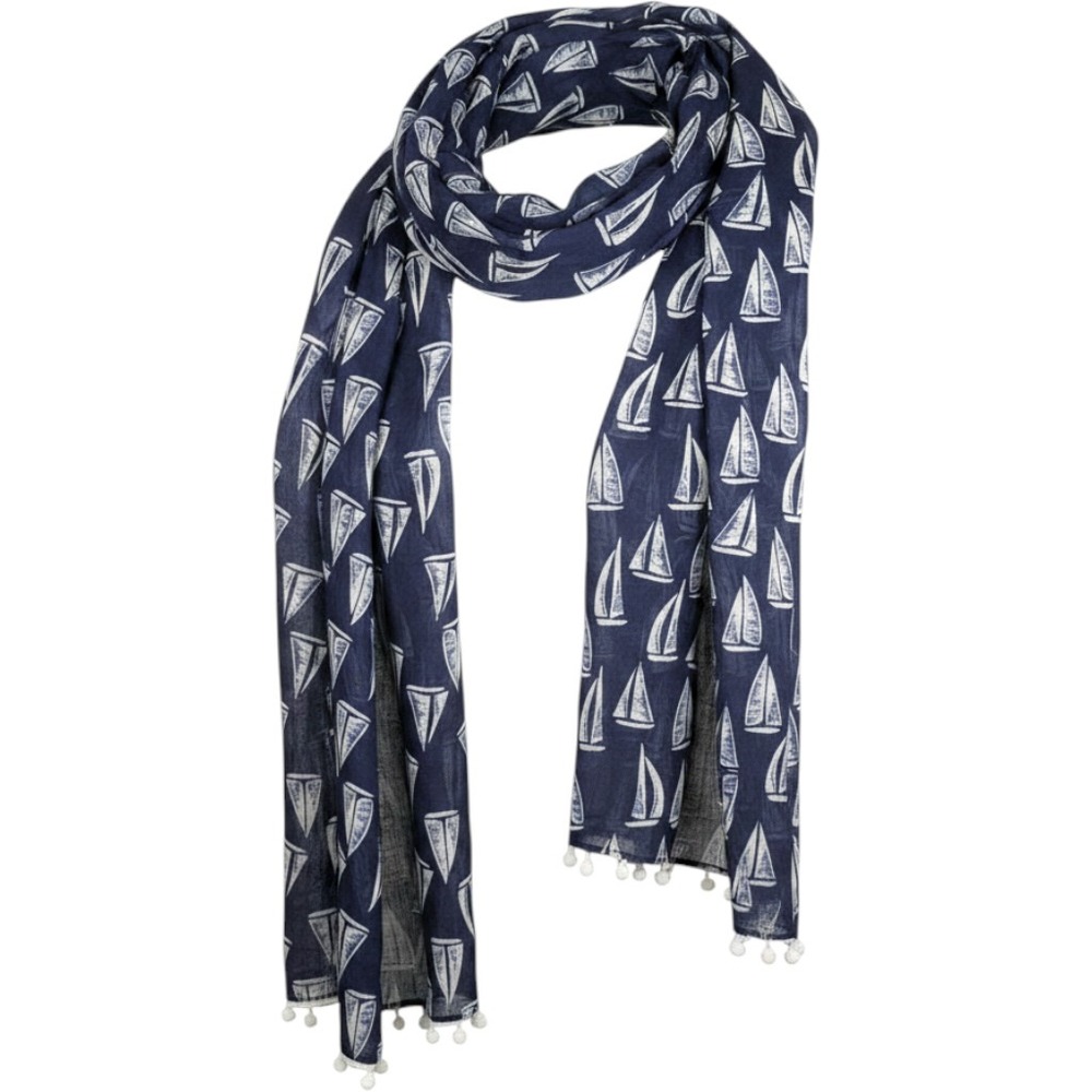 6' Anju Navy Blue Sailboat Print Cotton Scarf with White Pom Pom Trim Nautical